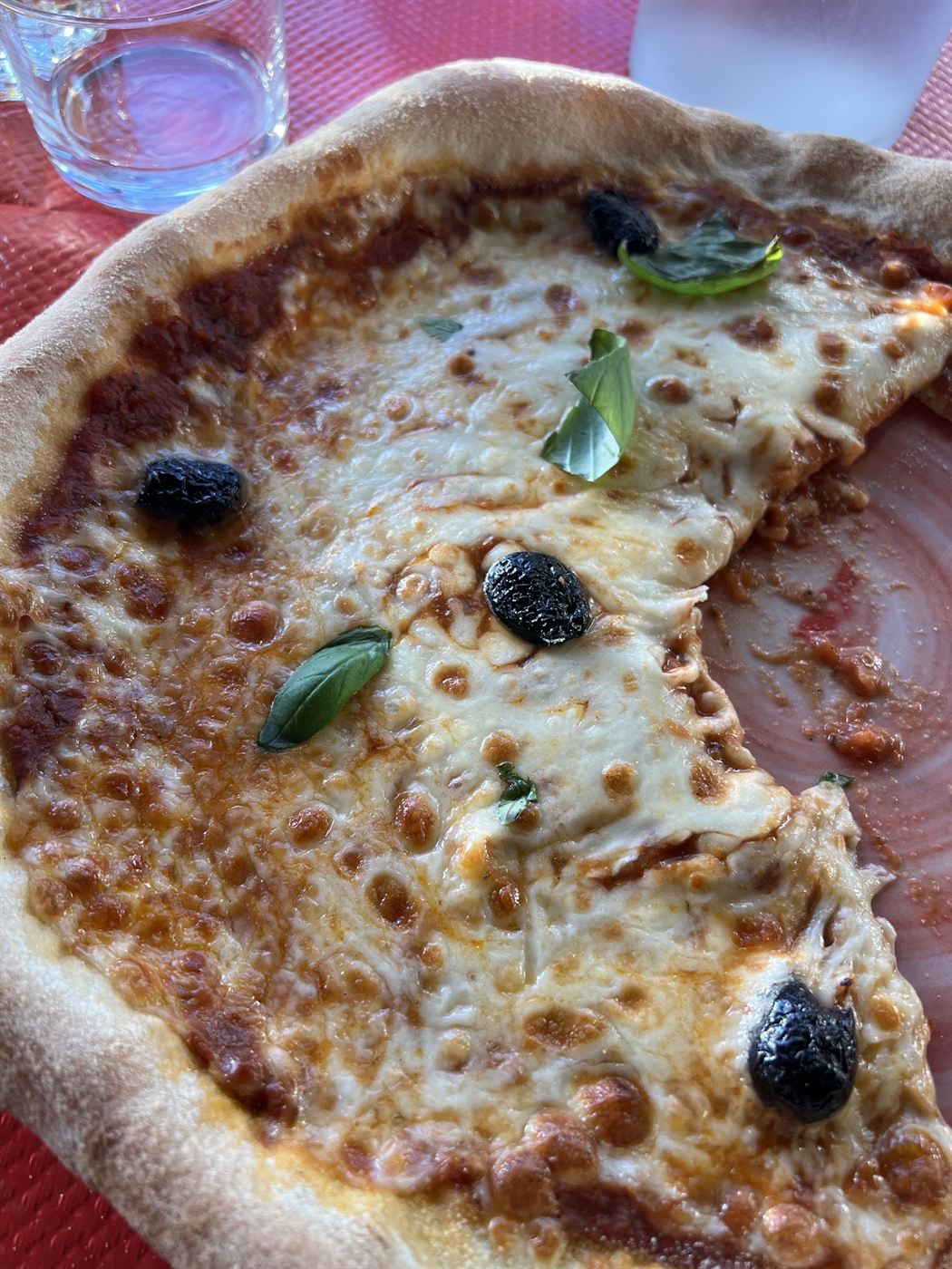 Pizza tomate, mozzarella, olives noires et basilic